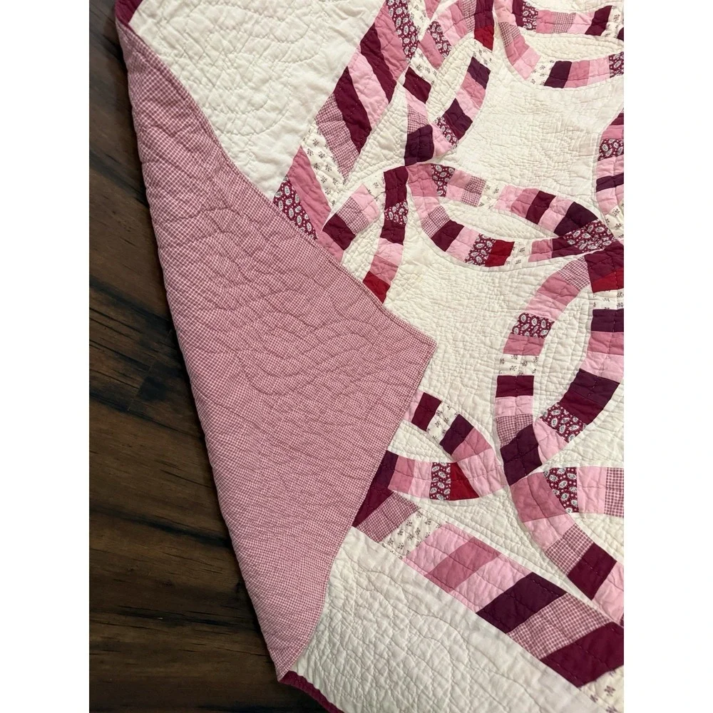 VINTAGE Queen Size DOUBLE WEDDING RING Pink Red QUILT Handmade 84